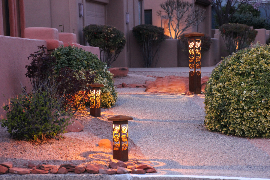 Pathway lighting with swirls 4x4 and featured 6x6x42 Bollard